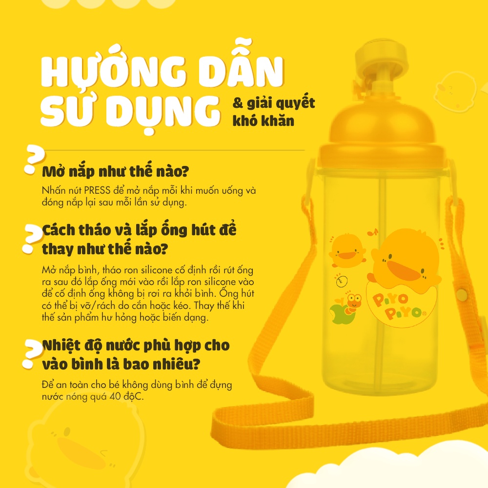 [Mã BMINC50 giảm 10% đơn 99K] Bình nước cho bé đi học có dây đeo Piyo Piyo 500ml, ấn nút để mở, ống hút ngăn tràn