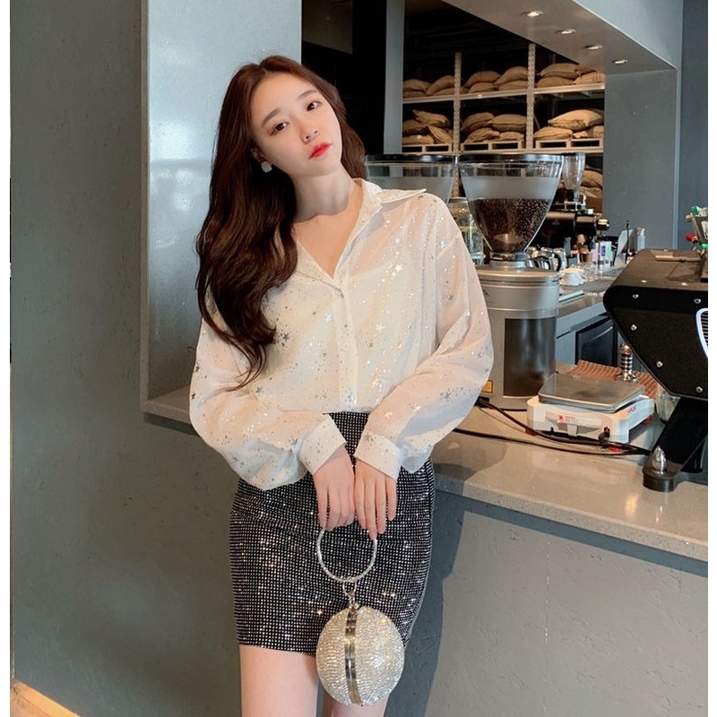 Áo Sơ Mi Chiffon Tay Dài Màu Đen Đính Kim Sa Lấp Lánh Thời Trang Mùa Hè 2022 Phong Cách Hàn Quốc 2022