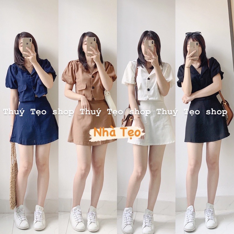 SET ĐUI THÔ ÁO CROPTOP TAY BỒNG CHÂN VÁY CHỮ A cạp chun sau khoá sau - Set đồ ullzang tay bồng cổ vest