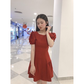 ĐẦM TẾT NHUNG ĐỎ CỔ TRÒN TAY NGẮN DÁNG XÒE-hình thật shop chụp