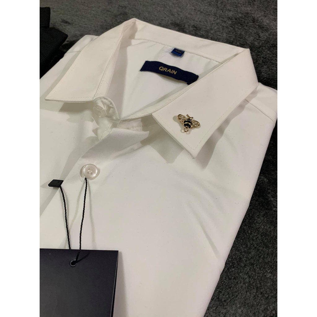 Áo Sơ Mi Nam Dài Tay Logo Đính Cổ Vải Lụa Cao Cấp, Áo Sơmi Trắng Đen Dáng Ôm Form Body