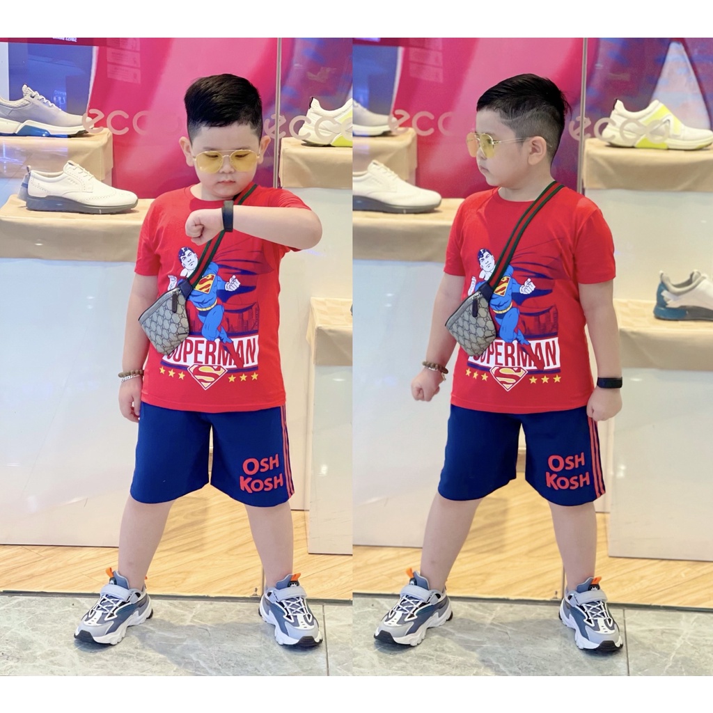 Đồ bộ bé trai, bộ cộc tay cho bé trai hình Superman Khủng long từ 8-40kg hàng xuất khẩu mềm mịn mát
