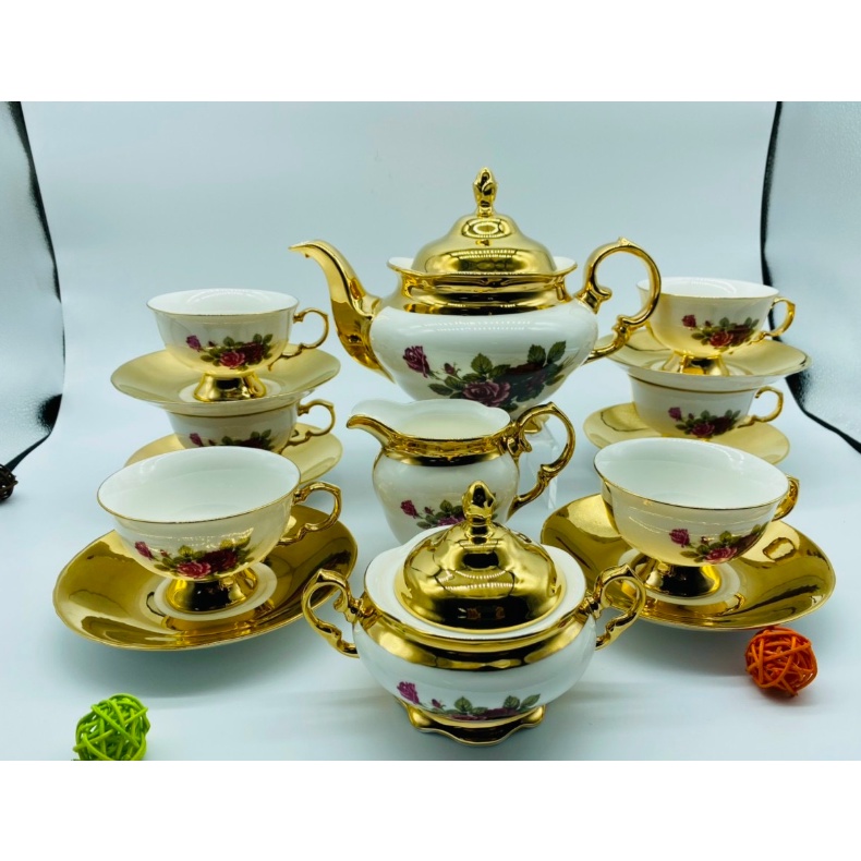 ấm chén cao cấp. Bộ Ấm Chén Mạ Vàng Cao Cấp Kèm Hộp Quà Tặng Vali. Bộ tách pha trà cao cấp