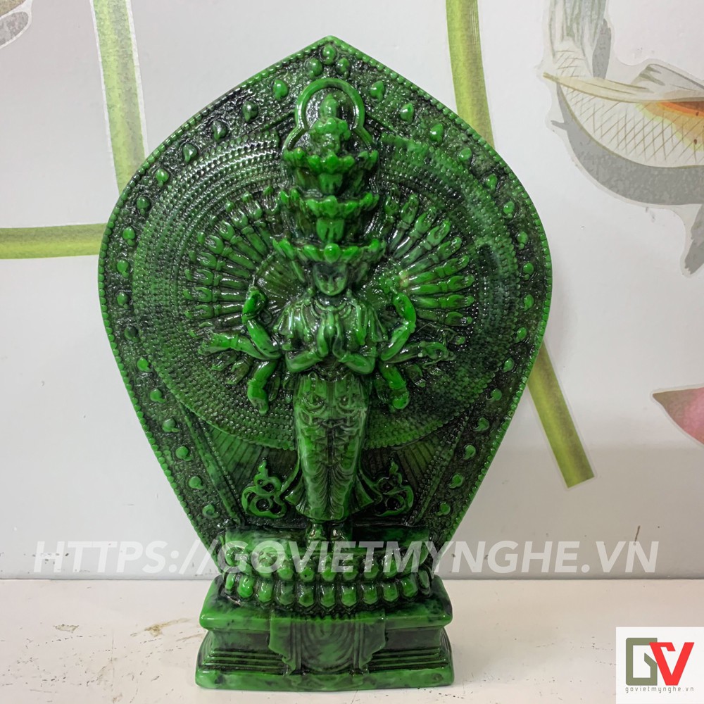 Tượng đá trang trí Bồ tát Quan Âm nghìn mắt nghìn tay đứng tòa sen - Chiều Cao 19cm - Màu xanh lục bích