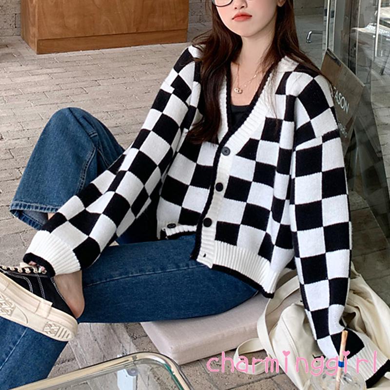 Áo khoác cardigan dệt kim cổ chữ V tay dài dáng rộng in họa tiết kẻ ô phối nút cho nữ