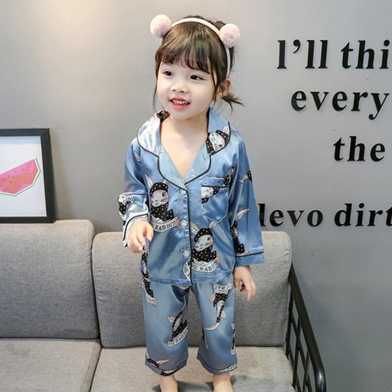 Babyme Baby Kids Girls Boys Cat Print Sleepwear Set Long Sleeve Button Blouse Tops+Pants Pajamas