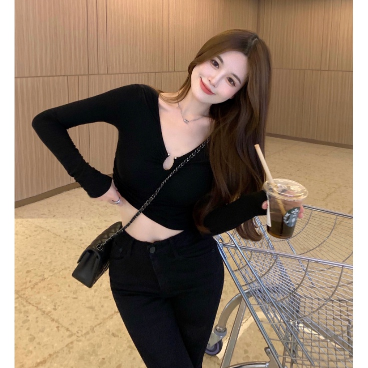 Áo thun lửng tay dài cổ chữ V thời trang Hàn Quốc cho nữ