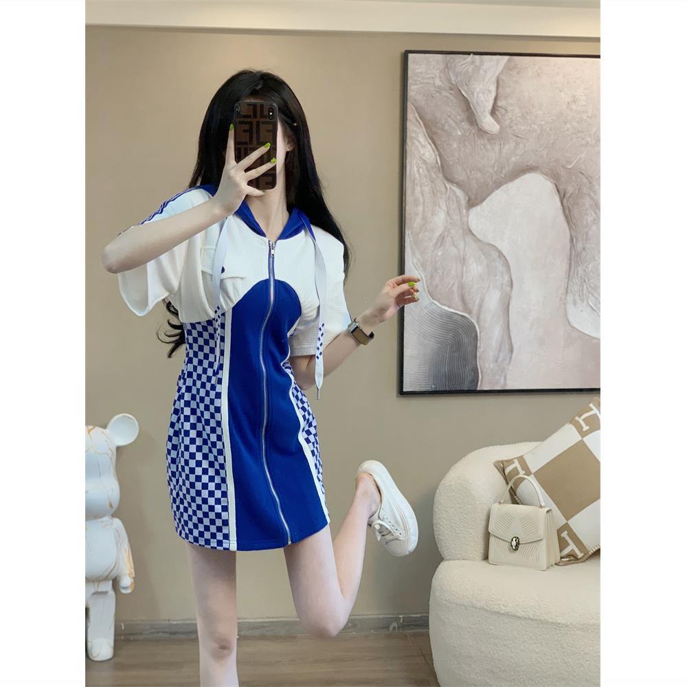 Casual fashion dress 2022 new women's summer casual fashion blue checkerboard dress