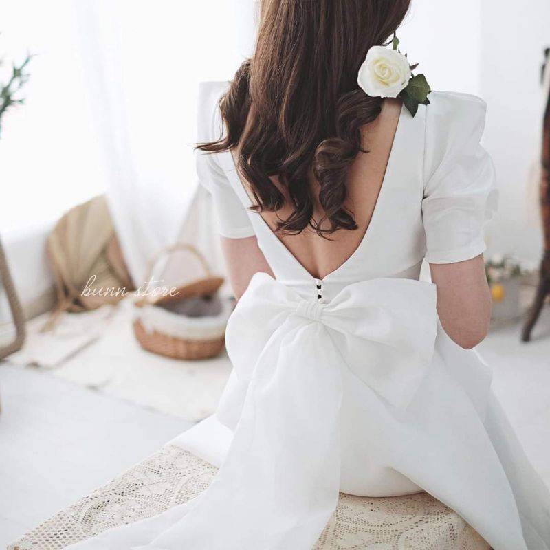 váy trắng cô dâu, váy cưới công chúa dự tiệc cổ vuông khoét lưng thắt nơ sẵn size S, M kèm ảnh thật MS022 | BigBuy360 - bigbuy360.vn