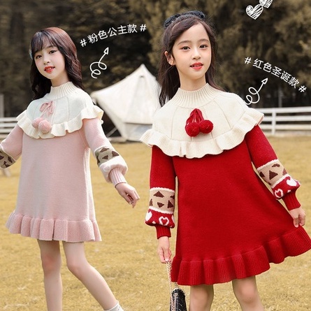 ❀Hàng giao ngay❀8-14 tuổi, quần áo trẻ em, Đầm Sweater Dệt Kim Tay Dài Phong Cách Phương Tây Thời Trang Thu Đông Năm Mới 2022 Cho Bé Gái