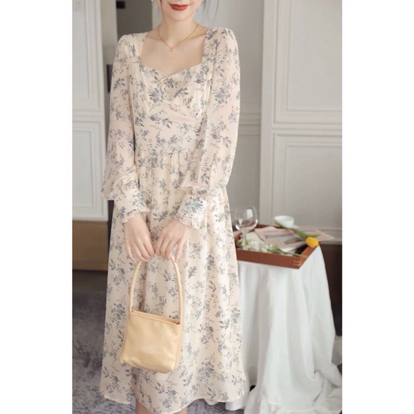 Đầm Hoa Nhí Be Vintage Cổ Vuông Ulzzang Dài Tay