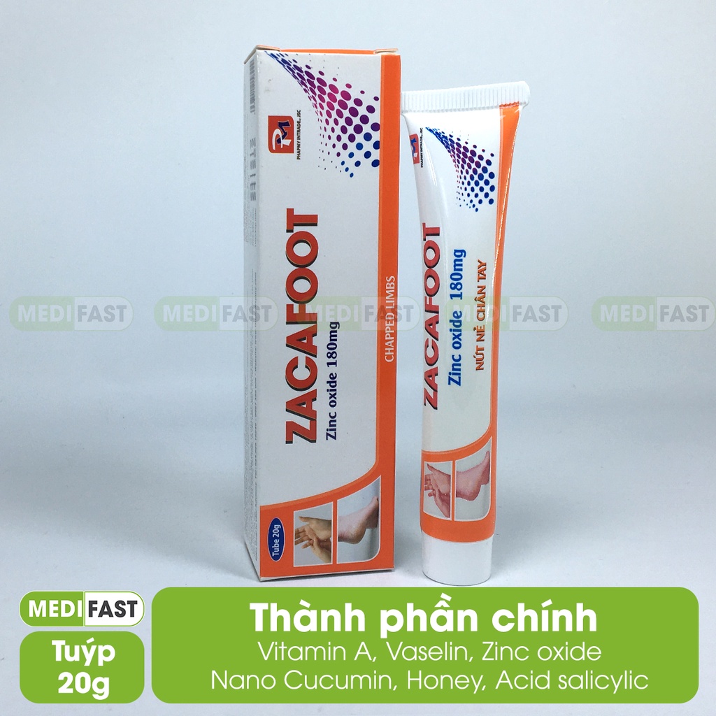 Kem dưỡng ẩm gót chân tay từ Kẽm Oxyd Zacafoot tuýp 20g, giảm nứt nẻ ,tinh chất nghệ Nano Curcumin, vaseline và mật ong