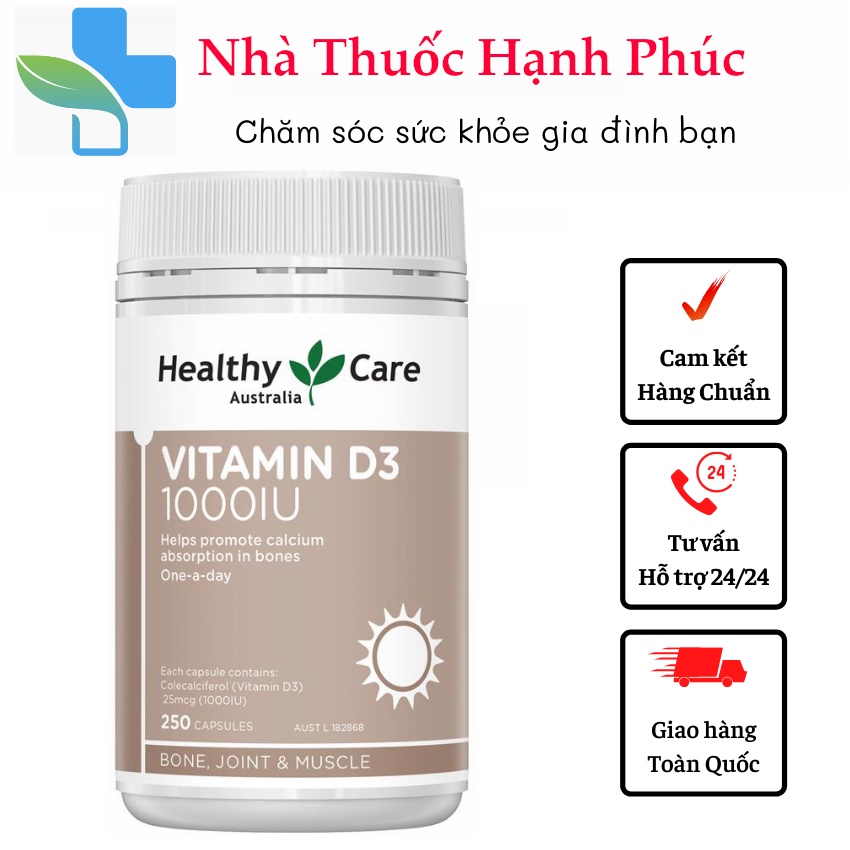 Viên uống bổ sung Vitamin D3 1000IU Healthy Care - Hàng Úc Nội địa hỗ trợ hấp thụ canxi , tăng đề kháng ,tăng miễn dịch