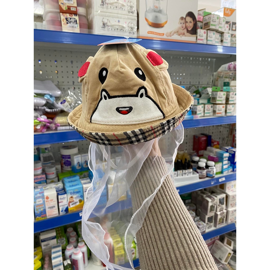 Mũ kèm khăn voan tai gấu mắt 48k, mũ vành tròn cho bé trai, bé gái
