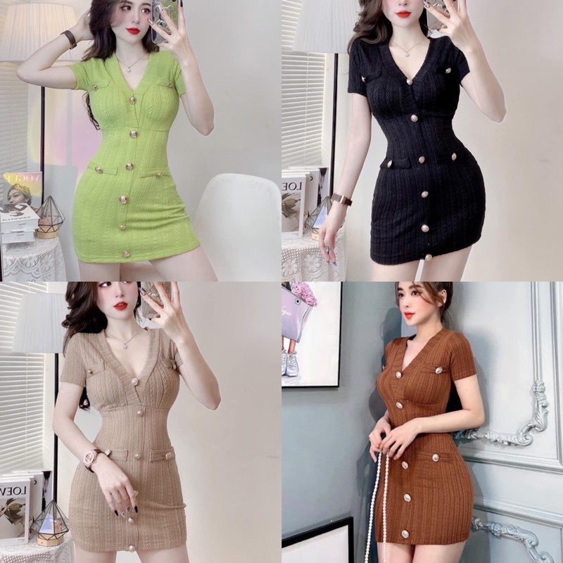Đầm Ôm Body Tay Ngắn Phối Nút Siêu Xinh
