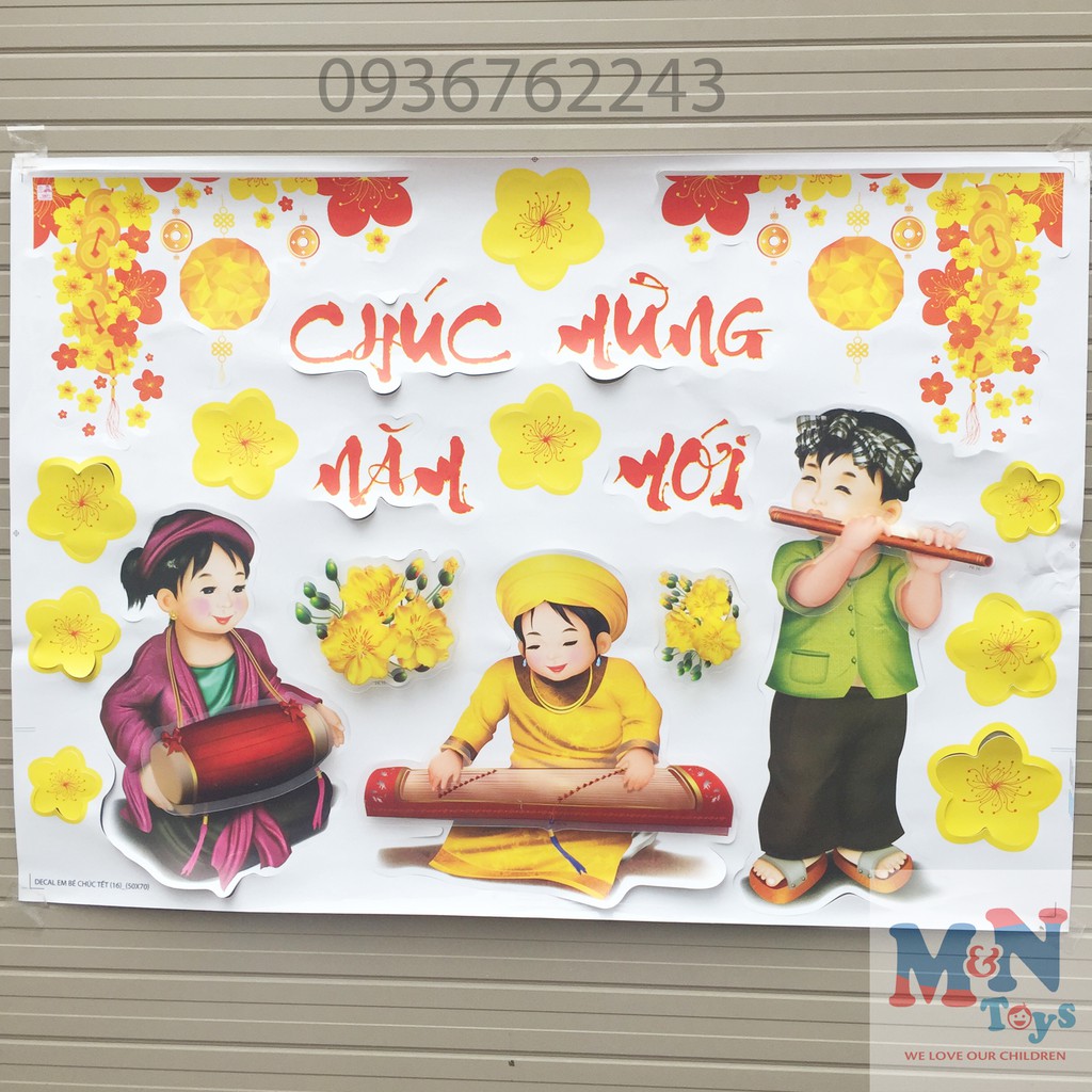 Decal 3d (sticker) dán kính Việt Nam trang trí Tết (mẫu Em bé chúc Tết 16 )