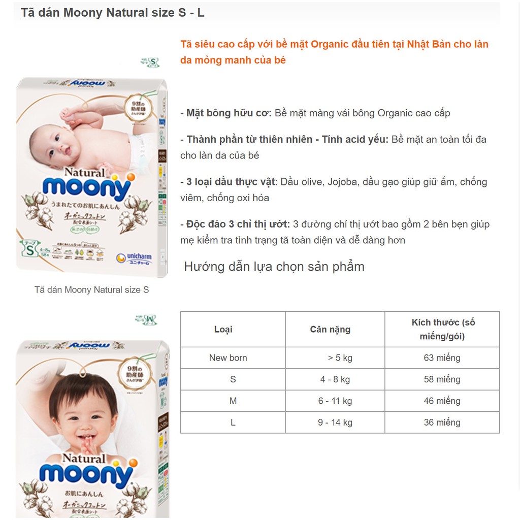  Tã/Bỉm Moony Natural nội địa Nhật Bông Organic dán/quần NB63/S58/M46/L38/L36/XL32