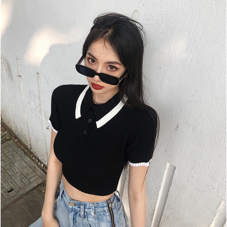 Áo Thun Polo Phong Cách Hồng Kông Mùa Hè 2021 Ngắn Tay CropTops Mỏng(Hàng Quảng Châu Có Sẵn)