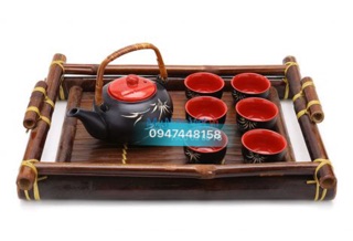 Bộ ấm chén Bát Tràng kèm khay tre - lòng chén đỏ