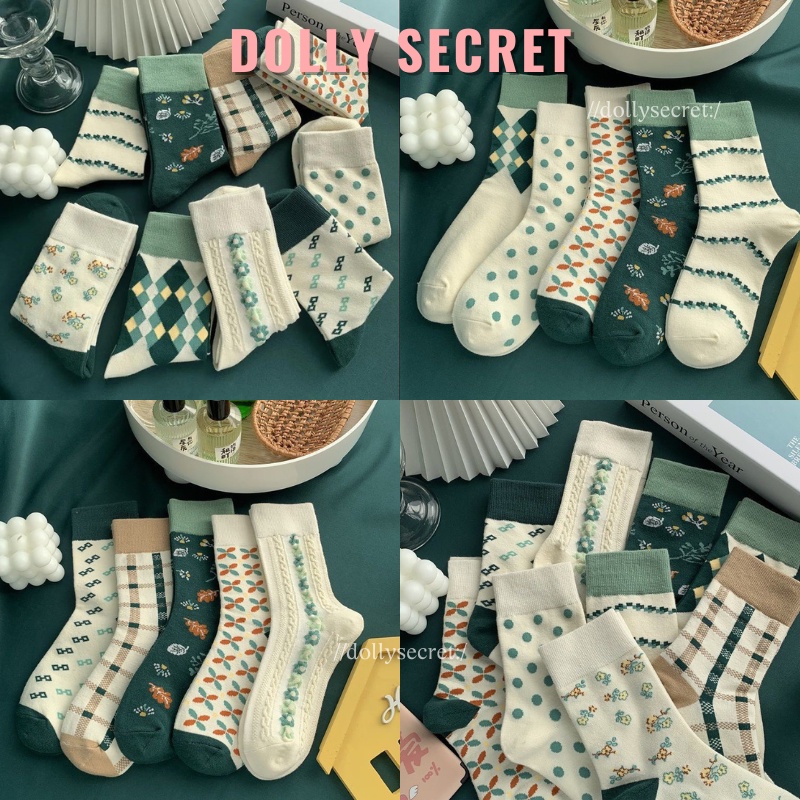 Set 5 đôi tất vớ cao cổ nữ phong cách Hàn Quốc, vớ nữ Vintage đáng yêu dễ thương DOLLY SECRET