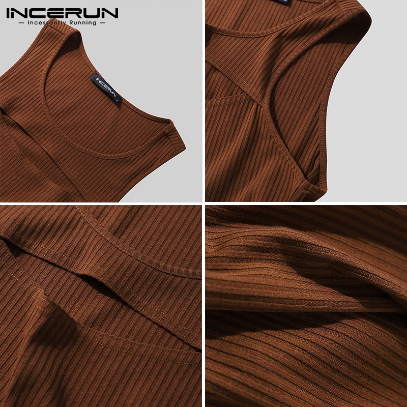 Áo cộc tay INCERUN cổ tròn màu trơn thiết kế rỗng cho nam mặc thường ngày