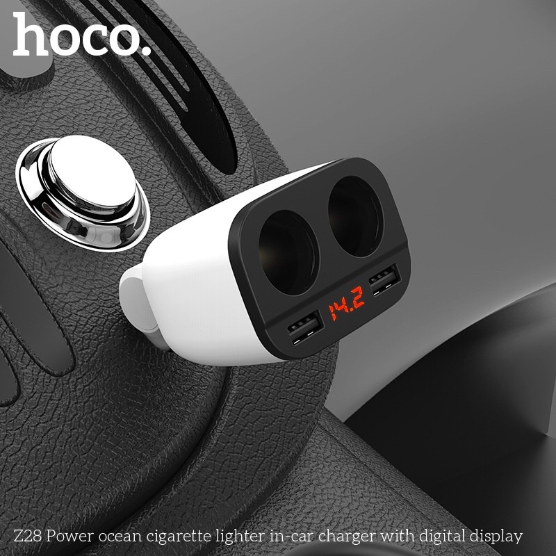 Bộ chia tẩu sạc HOCO Z28 Cao cấp kèm 2 cổng USB và có đèn LED hiển thị dòng điện ra của USB.