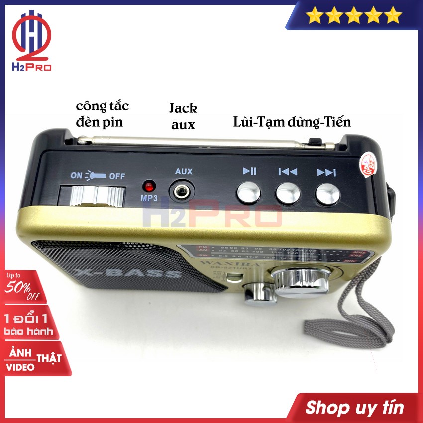 ĐÀI RADIO FM-AM-SW WAXIBA XB-521URT H2Pro nghe nhạc MP3 USB-Thẻ nhớ-AUX, đài radio đa năng pin sạc tích hợp ĐÈN PIN