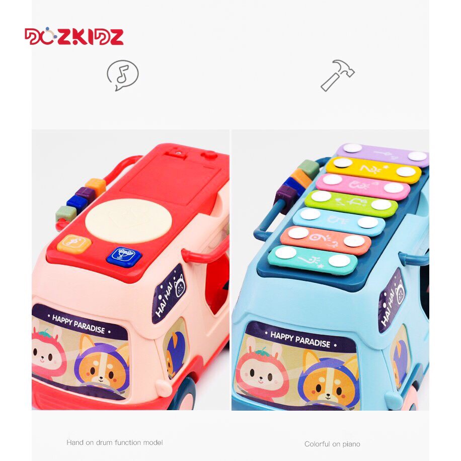 Xe oto đồ chơi,  xe bus đa năng kéo thả hình, luồn hạt và đàn xylophone, đồ chơi cho bé từ 0-3 tuổi - DOZKIDZ