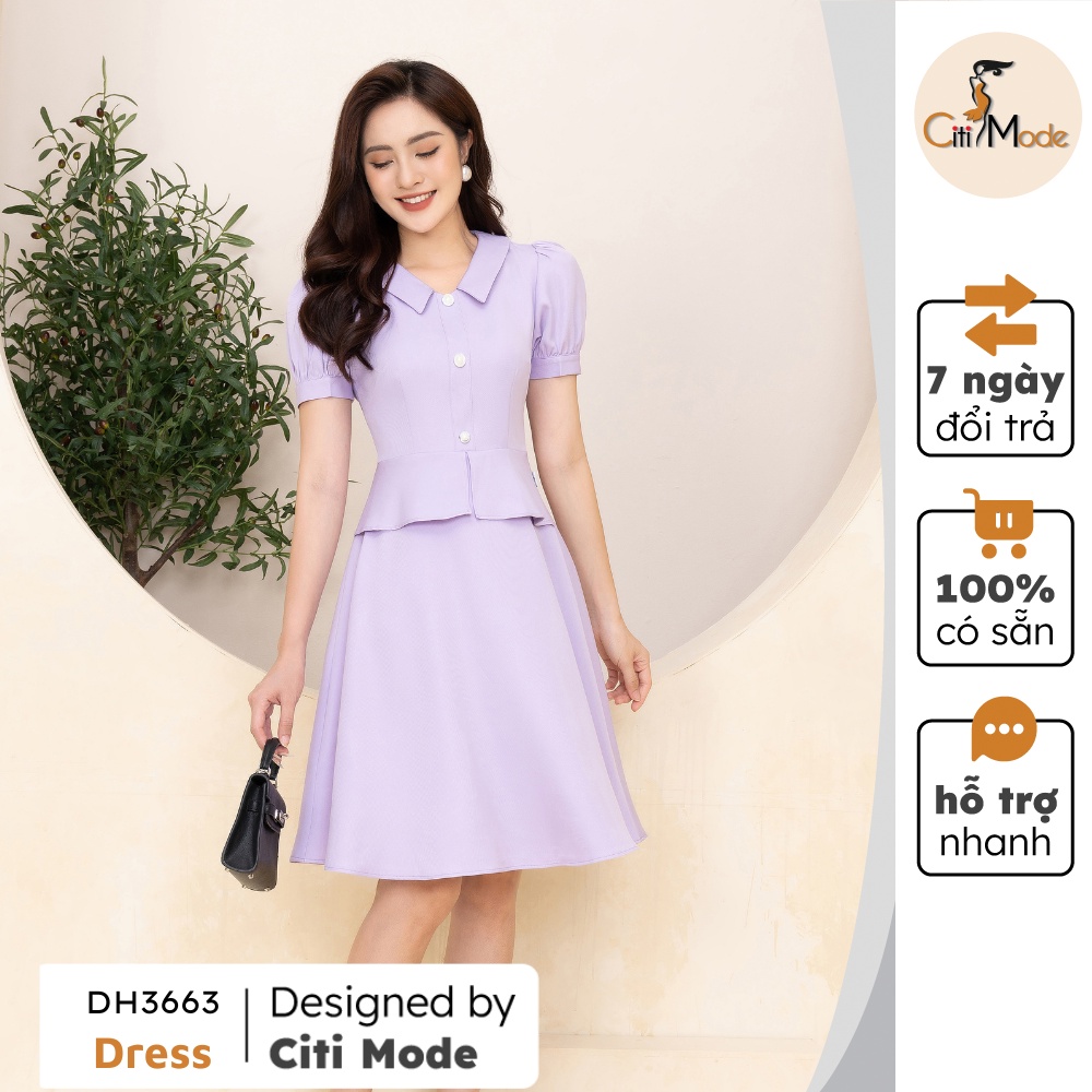 Đầm công sở CITI MODE peplum tím cổ sen, cúc ngực cao cấp DH3663