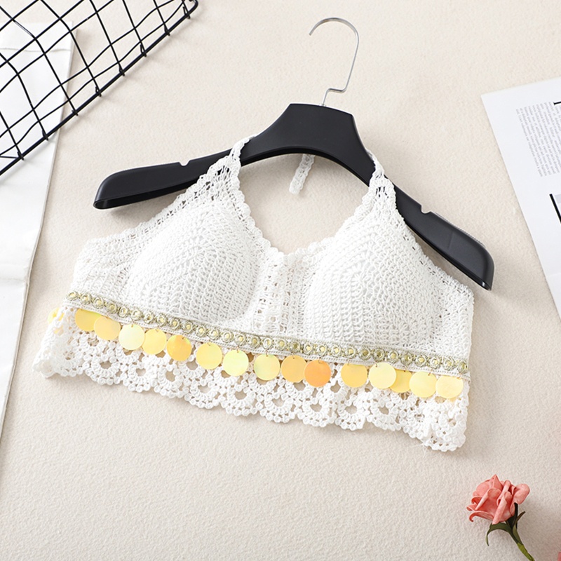 Brroa Áo Bikini Dạng Croptop Cổ Chữ V Hở Lưng Móc Tua Rua Đính Kim Sa Tròn Quyến Rũ Cho Nữ Đi Biển