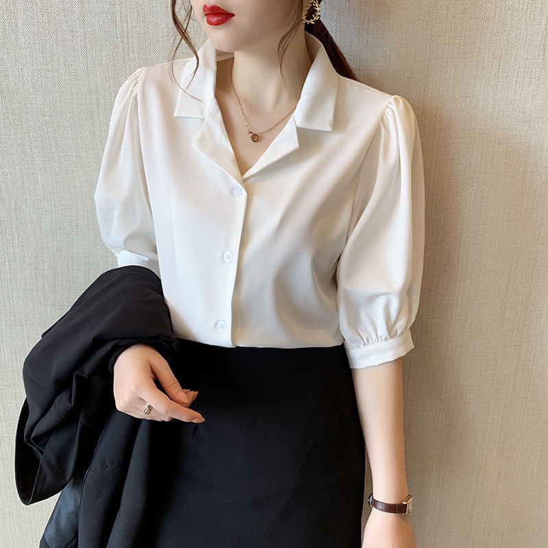 Áo sơ mi chiffon IELGY mỏng tay ngắn cổ chữ V hợp thời trang cho nữ