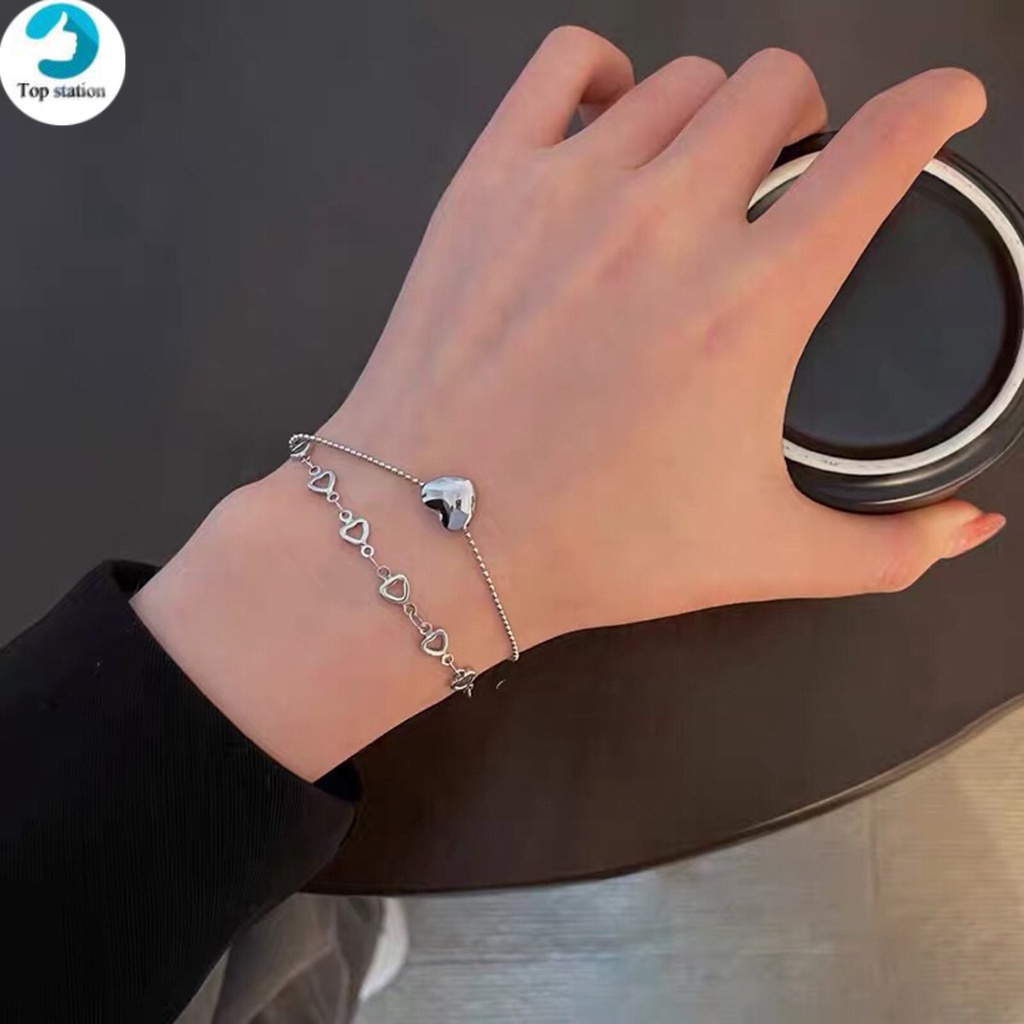 Vòng Đeo Tay Hai Tầng Bằng Bạc Hình Trái Tim Thời Trang Dành Cho Nữ