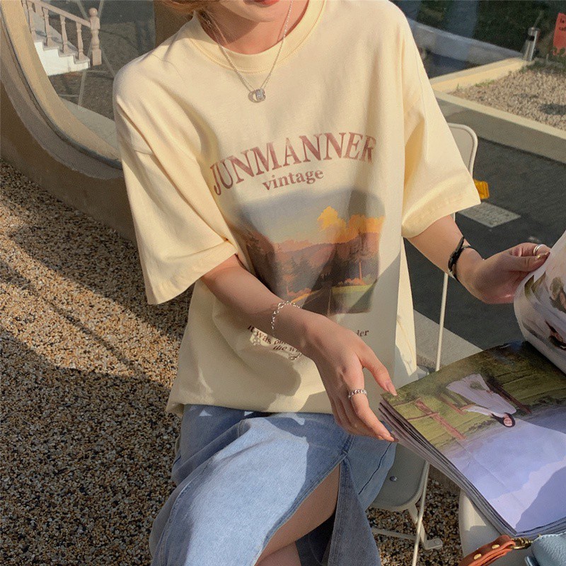 SUXI Áo thun tay ngắn cổ tròn in họa tiết phong cách cổ điển dành cho bạn nữ