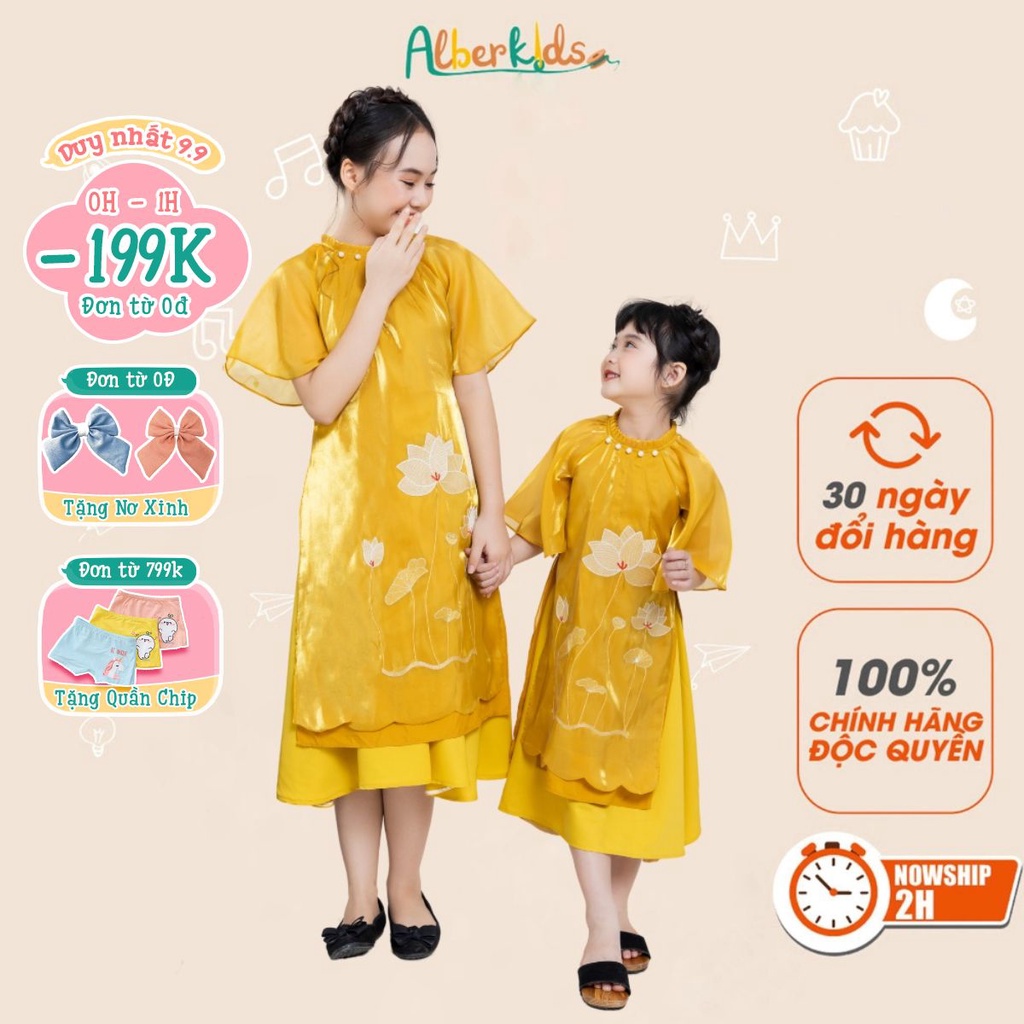 Áo dài tết cách tân vàng thêu hoa sen phối chân váy ALBERKIDS cho mẹ và bé gái cho trẻ em 4,5,6,7,8,9,10,11,12,13,14