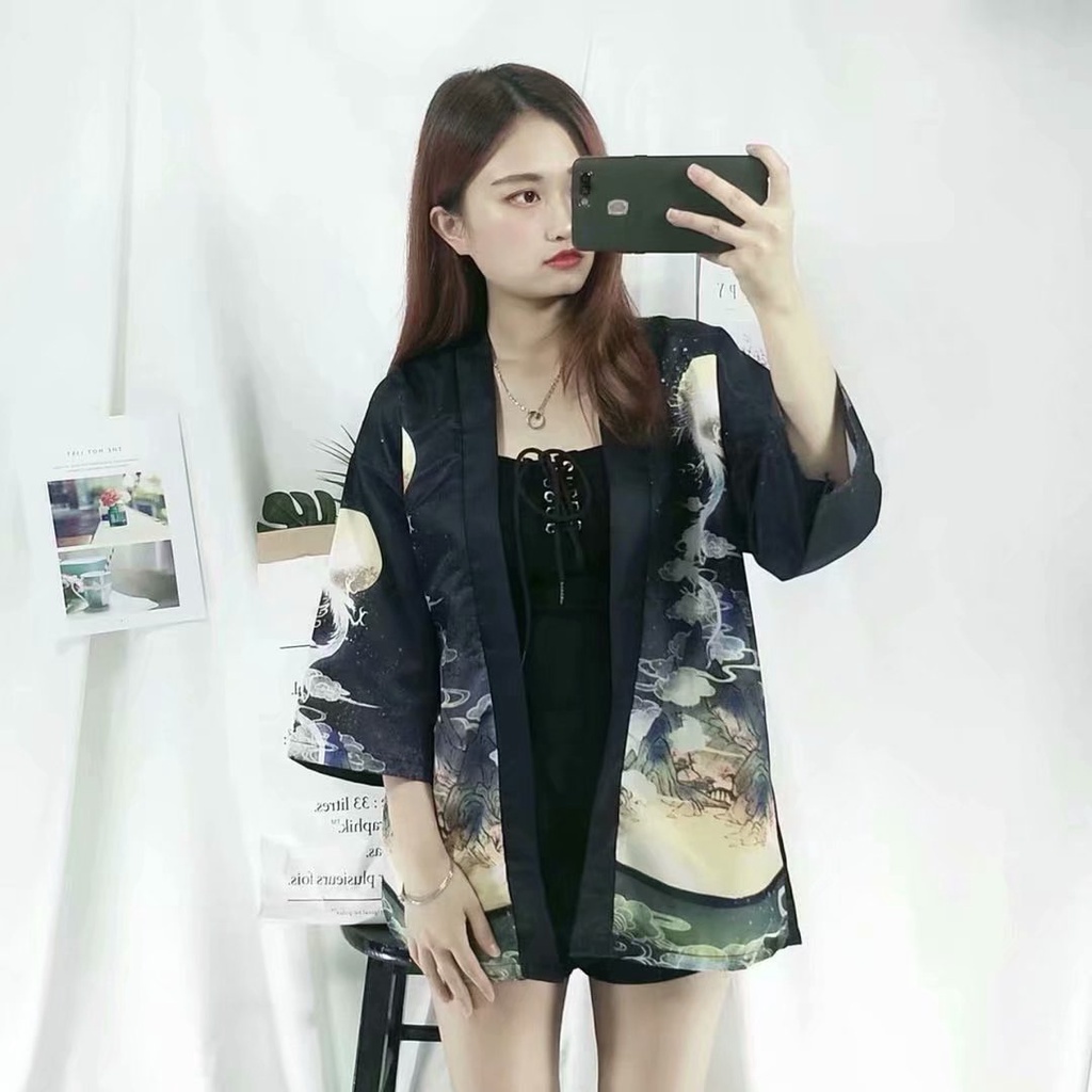 Áo Kimono In Hình Mặt Trăng Phong Cách Nhật Bản Cho Nam Nữ