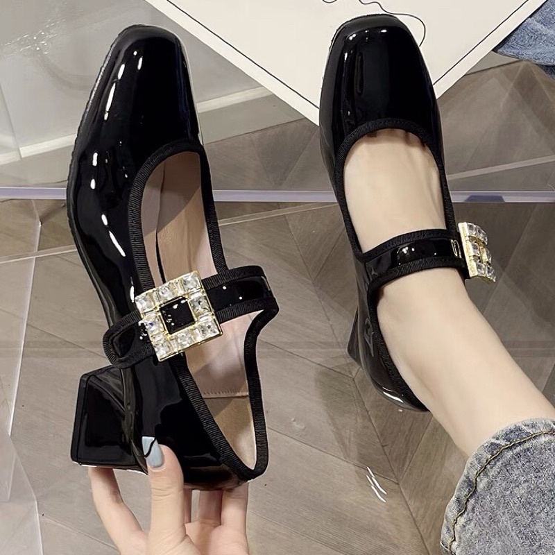 Giày búp bê Ulzzang mũi vuông da bóng khuy đá gót cao 5cm