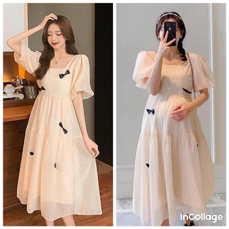 Đầm bầu tiểu thơ xinh xắn- Váy bầu babydoll dáng dài cổ vuông siêu xinh