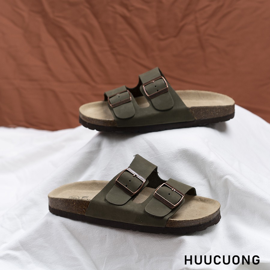 Dép unisex HuuCuong 2 khóa Da Bò xanh đế trấu