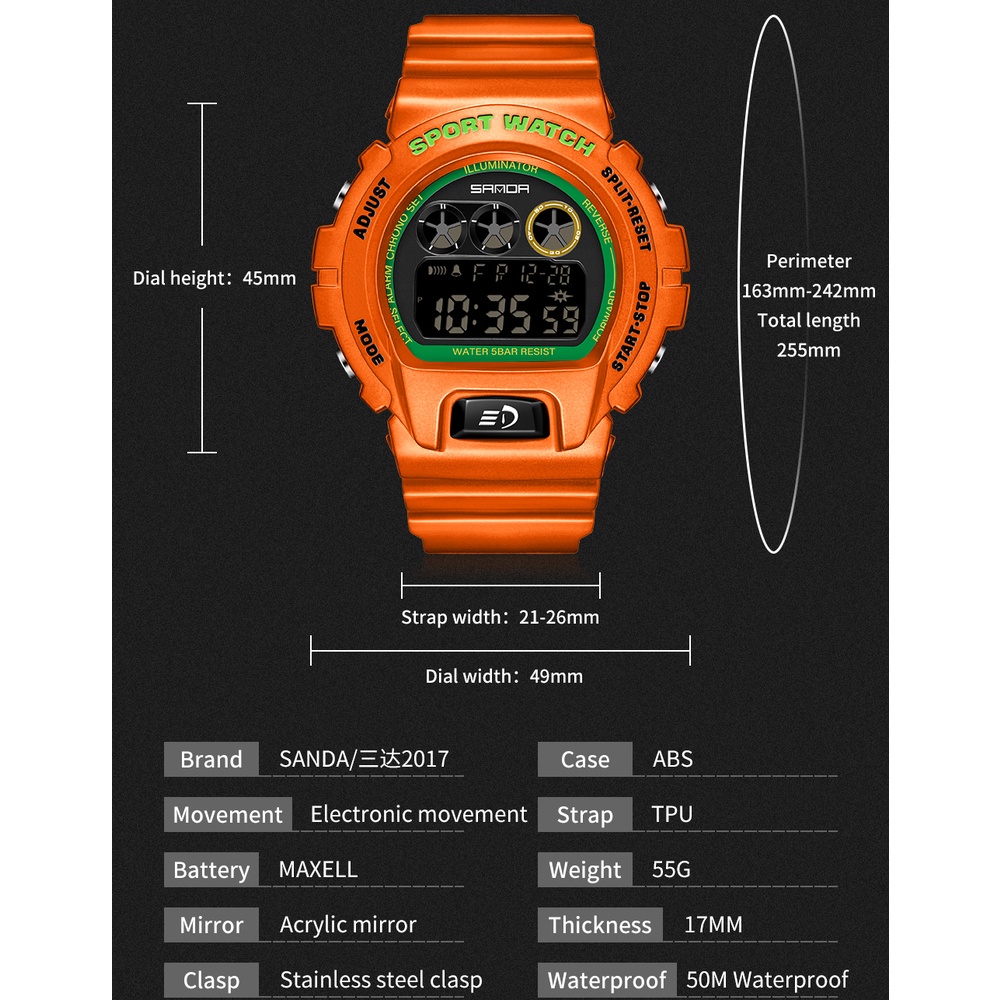 Đồng Hồ Điện Tử Thể Thao Sanda Chống Thấm Nước Có Đèn LED Phát Sáng Đa Năng Dành Cho Nữ 2017-6