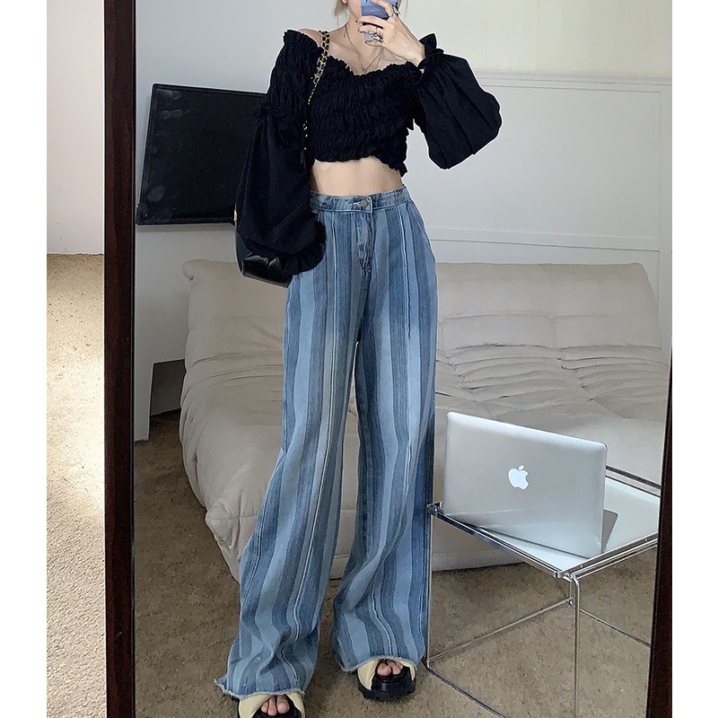 Quần Jean Dài Dáng Rộng Ống Suông Hoa Văn Kẻ Sọc Thời Trang