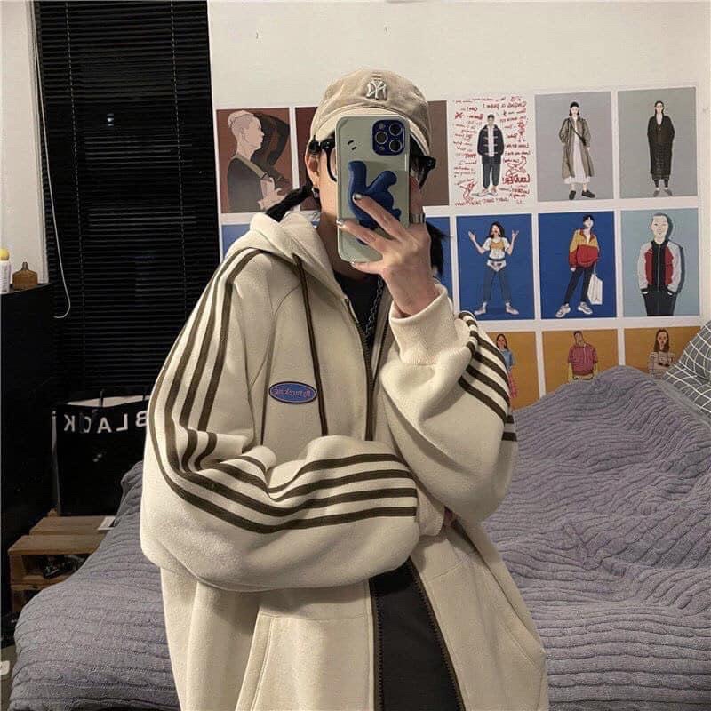 [GẤU NHIỆT ĐỚI] ÁO KHOÁC NỈ ULZZANG LOGO NGỰC VIỀN SỌC (BA MÀU XANH/HỒNG/BE)