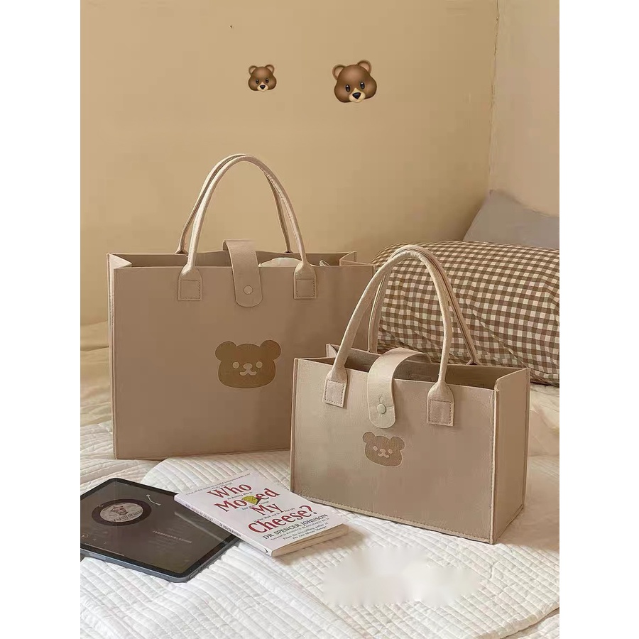 Set 2 túi xách tay thời trang hàn quốc chất nỉ in họa tiết gấu siêu đáng yêu phong cách Ulzzang