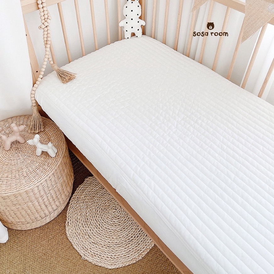 Ga bọc nệm cho bé, trần bông hữu cơ, màu trắng trơn, siêu mềm êm