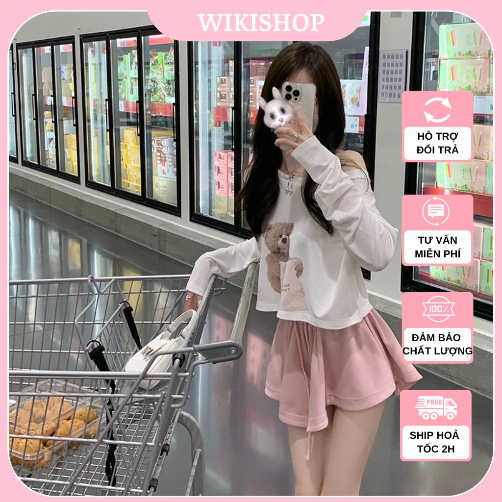 Set bộ dài tay nữ, áo thun dài tay dáng lửng phối quần short cạp chun ống rộng freesize mặc nhà Wikishop C1041