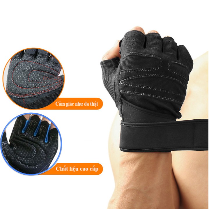 Găng tay tập gym cao cấp có đai quấn chắc bảo vệ cổ tay phù hợp cho cả nam và nữa