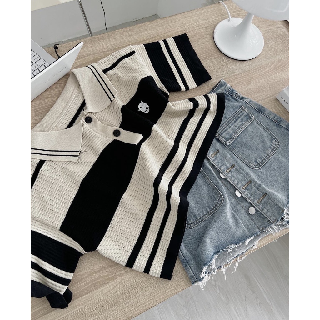 [Sẵn/Ảnh thật] Áo len croptop cổ đức thêu mèo kẻ ngang cộc tay ulzzang - Áo len polo kẻ ngang