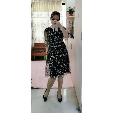 Đầm xòe voan lưới họa tiết hoa lá tay loe-Shop MỘC-Mã MD21