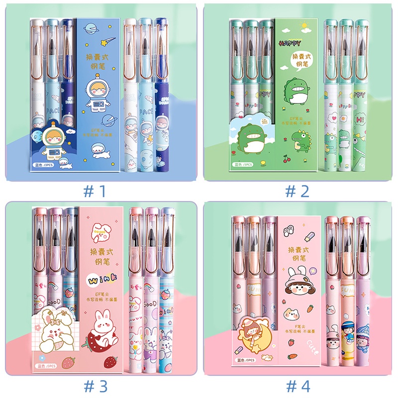 Set 3 Bút Mực Xanh / Đen Ngòi 0.38mm Họa Tiết Hoạt Hình Dễ Thương Kèm Ruột Bút Thay Thế Tiện