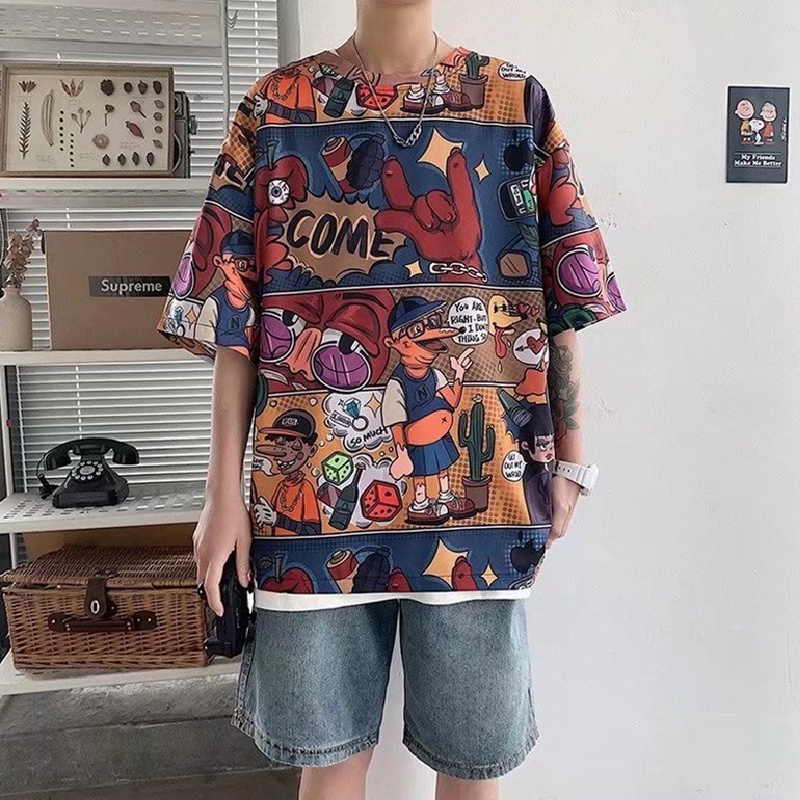 Áo Thun Tay Ngắn Dáng Rộng In Họa Tiết Hoạt Hình Size M-5XL Thời Trang Mùa Hè Cho Nam