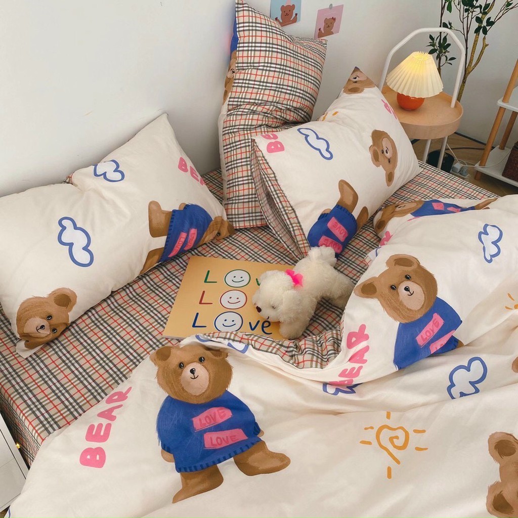 Bộ GẤU BEAR TRẮNG GA KẺ set chăn ga gối COTTON LIVING 100% Hàn Quốc